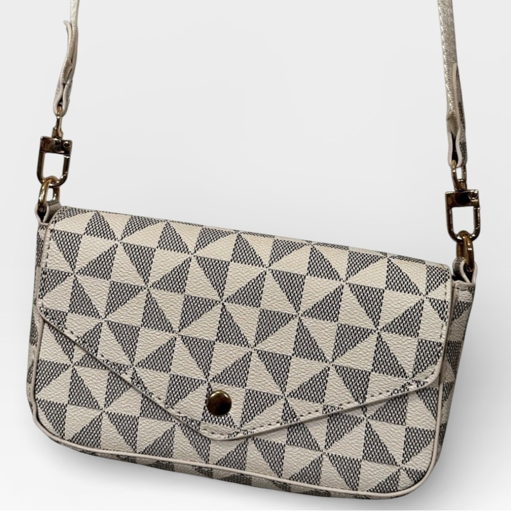 Boutique Shoulder Bag Geometric Pattern Crossbody White Brown Fold Over